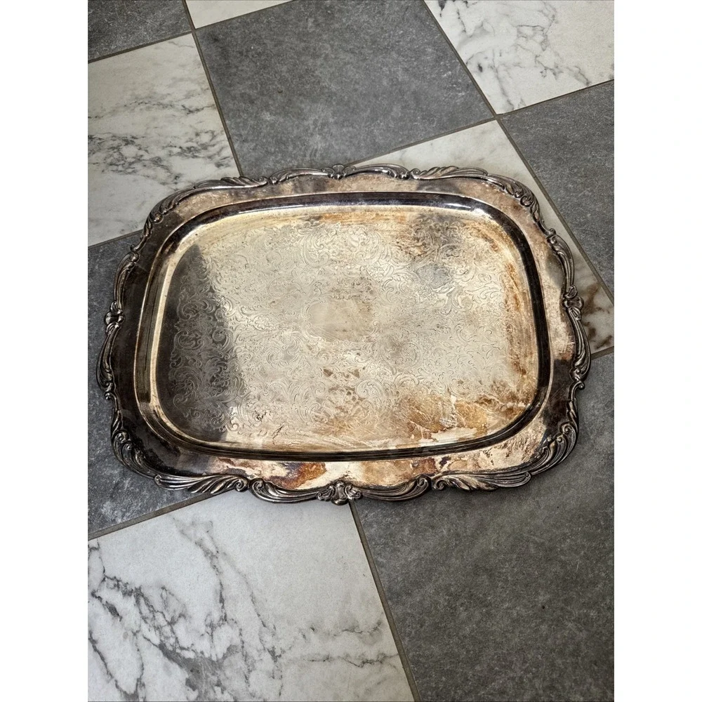 Towle Silver Plated Serving Tray 18x14 Decorative Etched Scroll Pattern 2832